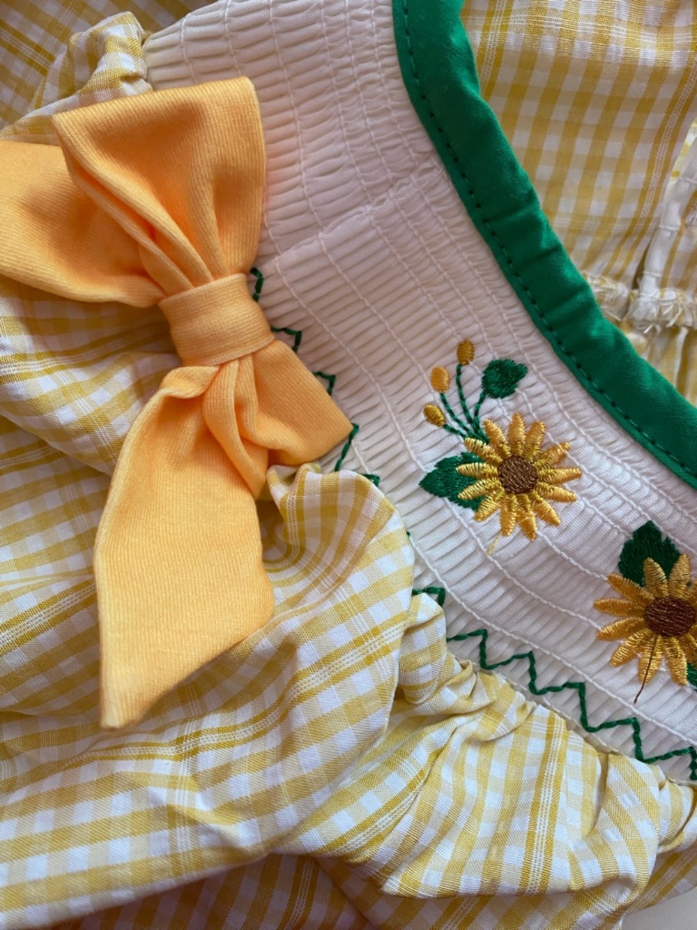 Rylee Faith Designs Yellow Gingham Sunflower Smocked Dress Green Trim NWT Sz 5 - Picture 3 of 10